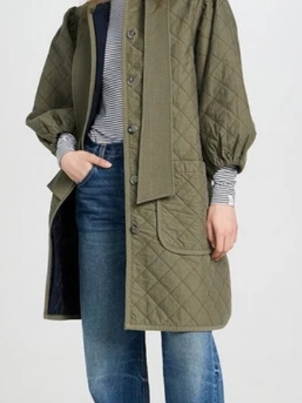 Clare V. Clémence Car Coat Burnt Olive Patch Pockets Puff Sleeve Quilted Jacket
